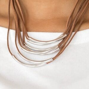 Multi-Strand Brown Suede Necklace with Silver Tubes